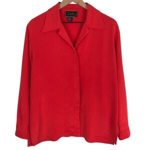 DIANE GILMAN Collection 100% Silk Long Sleeve Button Up Blouse Sz XL Red Heavy